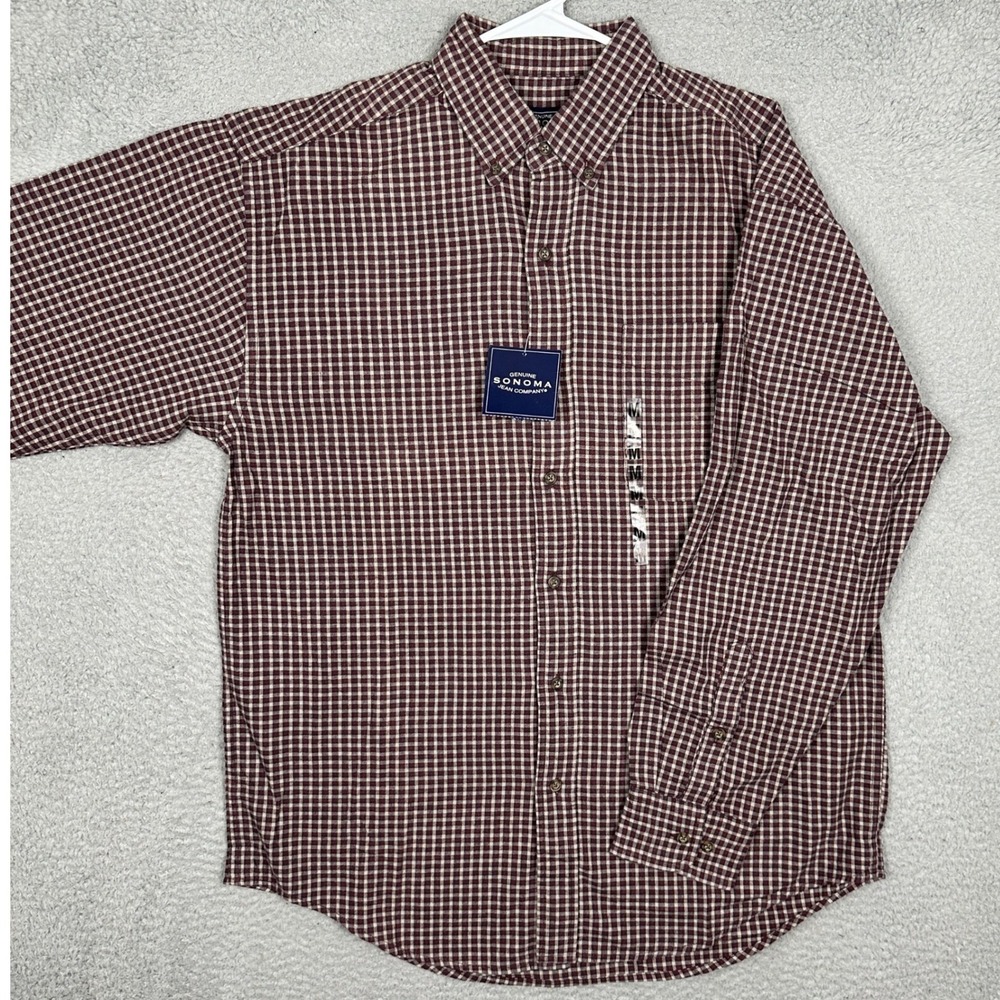 NEW Sonoma Shirt Mens Medium Burgundy Micro Check Button Down Casual Long Sleeve